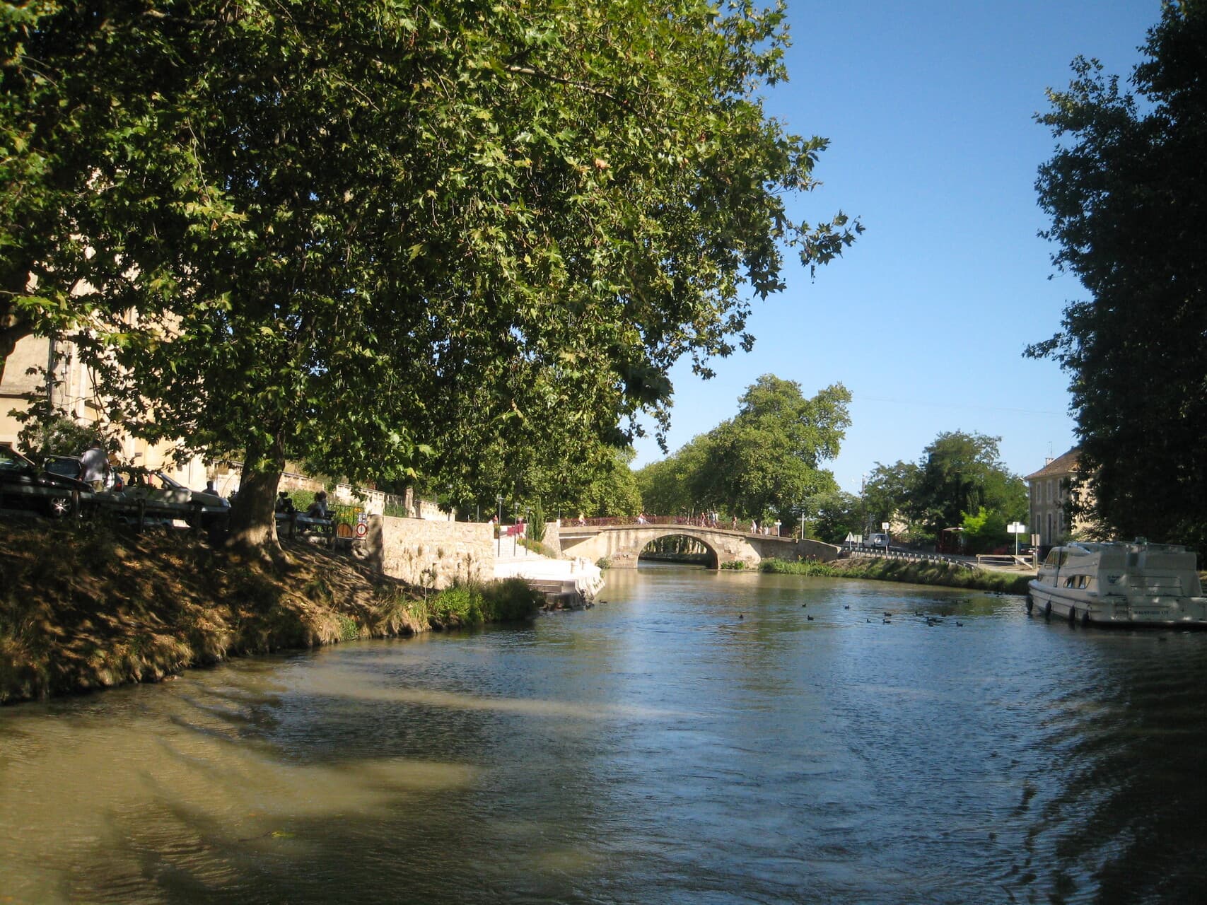 The Canal du Midi approaching a low stone bridge beneath plane trees