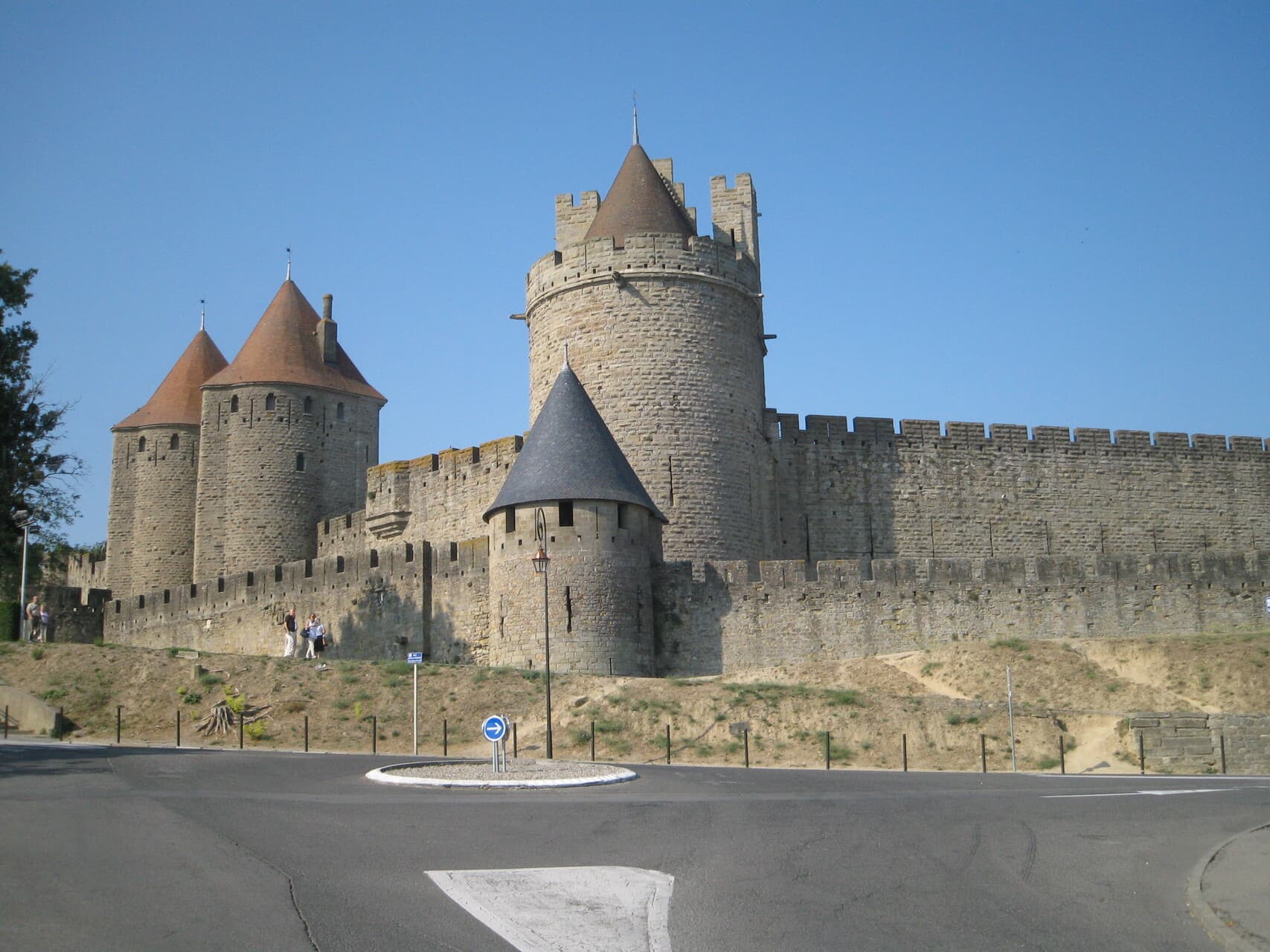 The stone walls and towers of the medieval citadel at Carcassonne