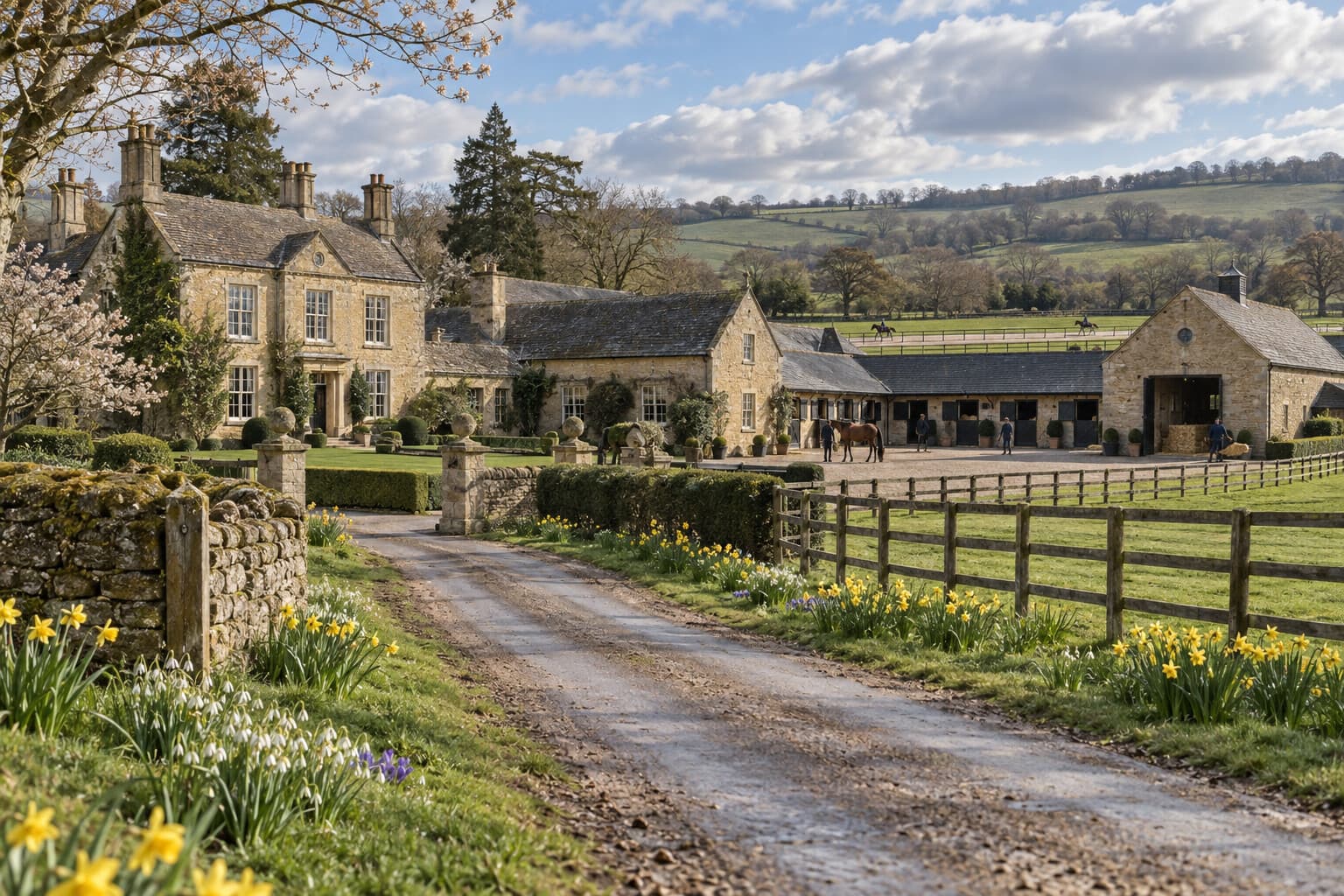 An imagined view of Sampfield Grange, with a stone country house and racehorse training yard
