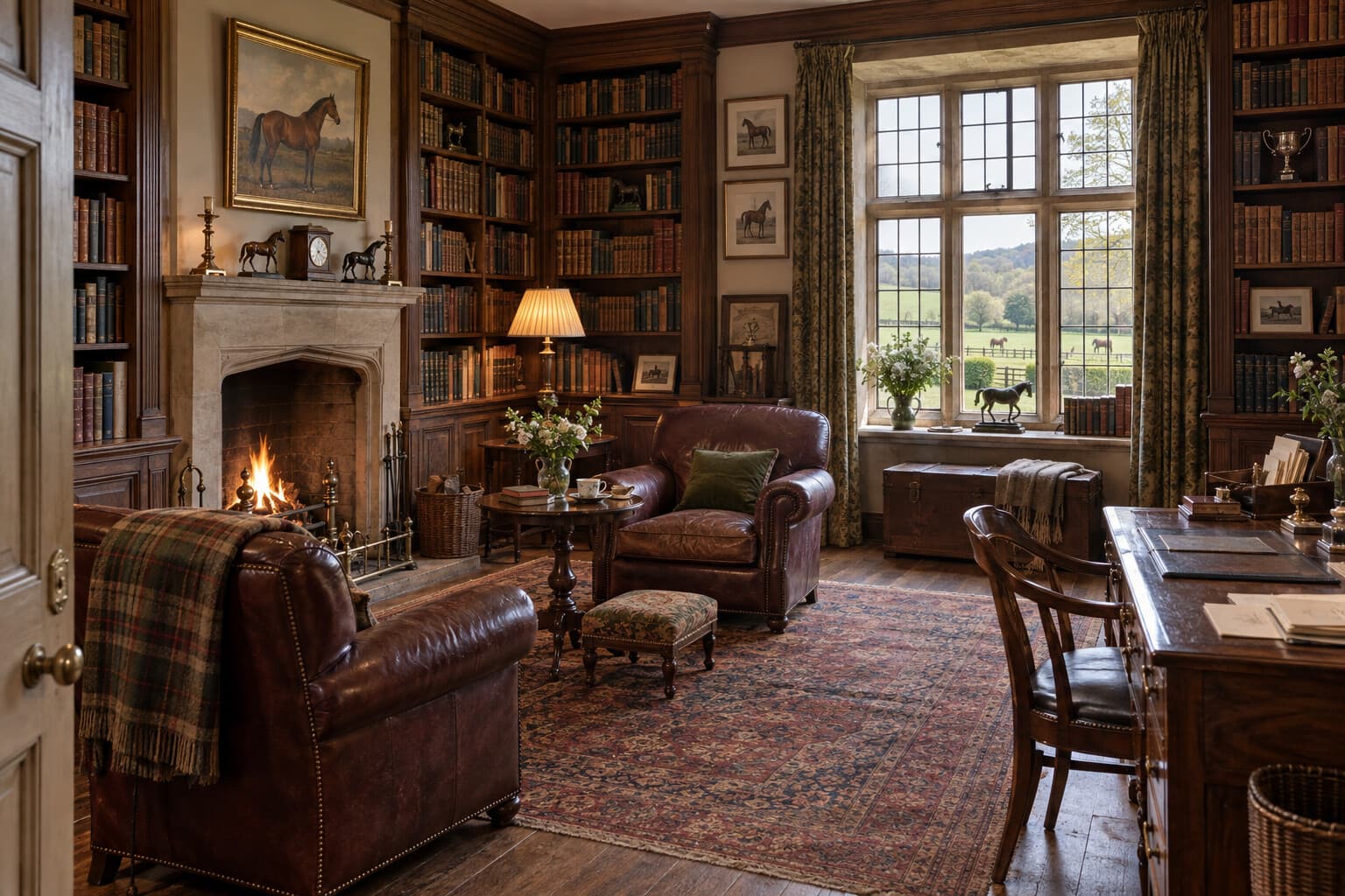 An imagined traditional library at Sampfield Grange, lined with books and racing pictures
